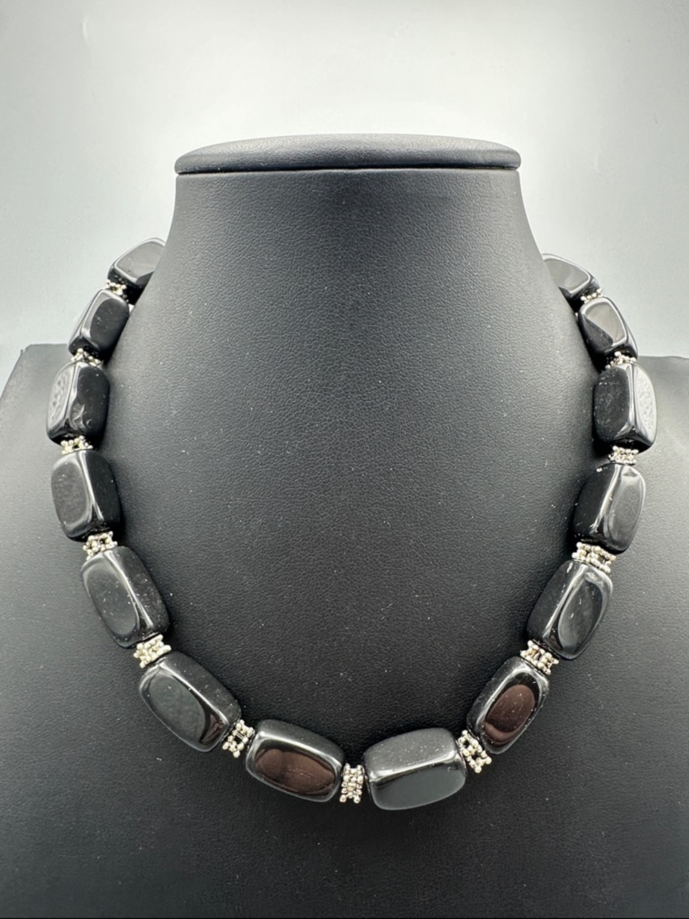 Black Stone Bead Necklace with Silver Accents